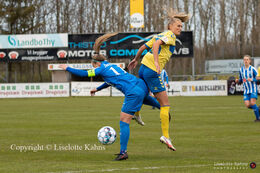 Battle for the ball in the Women's Cup Final, FC Thy-Thisted Q vs. Brondby IF at Lerpytter stadium in Thisted, Denmark