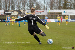 Maya B. Ostergaard (#1 FC Thy-Thisted Q) in the Women's Cup Final, FC Thy-Thisted Q vs. Brondby IF at Lerpytter stadium in Thisted, Denmark