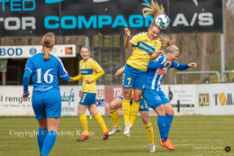 Freja Abildaa (#7 Brondby IF) heading for the ball in the Women's Cup Final, FC Thy-Thisted Q vs. Brondby IF at Lerpytter stadium in Thisted, Denmark