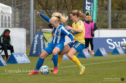Battle for the ball in the Women's Cup Final, FC Thy-Thisted Q vs. Brondby IF at Lerpytter stadium in Thisted, Denmark
