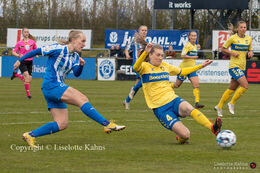 Malene Sorensen (#15 FC Thy-Thisted Q) shoots for goal in the Women's Cup Final, FC Thy-Thisted Q vs. Brondby IF at Lerpytter stadium in Thisted, Denmark