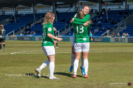 Olivia Holdt and Emma Snerle celebrate Olivia's goal to 1-0 in the "Gjensidige Kvindeliga" match between Fortuna Hjorring and KoldingQ