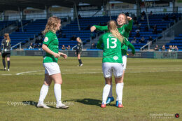 Olivia Holdt and Emma Snerle celebrate Olivia's goal to 1-0 in the "Gjensidige Kvindeliga" match between Fortuna Hjorring and KoldingQ