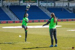 Sara Thrige and Emma Snerle during warm-up before the "Gjensidige Kvindeliga" match between Fortuna Hjorring and KoldingQ