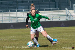 Emma Snerle fighting for the ball in the "Gjensidige Kvindeliga" match between Fortuna Hjorring and KoldingQ