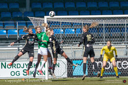 Action in front of Fortuna Hjorrings goal in the "Gjensidige Kvindeliga" match between Fortuna Hjorring and KoldingQ