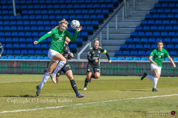 Emily Garnier with a header in the "Gjensidige Kvindeliga" match between Fortuna Hjorring and KoldingQ