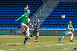 Emily Garnier with a header in the "Gjensidige Kvindeliga" match between Fortuna Hjorring and KoldingQ