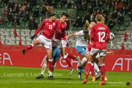 WMS NT, Denmark vs. Israel. Viborg 2020. Sofie Junge and Simone Boye in the air