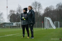 WEURO2022 training session in Herning, November 2020. Katrine Abel and Heidi Johansen discussing goalkeeper stuff