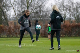 WEURO2022 training session in Herning, October 2020. Sophie Junge warming-up with physiotherapist Rikke Holm Brink