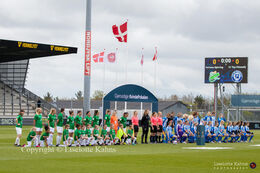 The two teams getting ready for the Cupfinal, Fortuna Hjorring vs. FC Thy at "Bredbaand Nord Arena" in Hjorring, Denmark