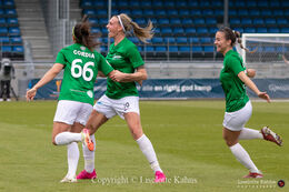 Camilla Kur (#10 Fortuna Hjorring), Janelle Cordia (#66 Fortuna Hjorring) and Indiah-Paige Riley (#7 Fortuna Hjorring) celebrating the 1-0 goal in the Cupfinal, Fortuna Hjorring vs. FC Thy at "Bredbaand Nord Arena" in Hjorring, Denmark