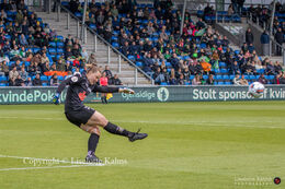 Maja B. Ostergaard (#1 FC Thy) with a goal-kick in the Cupfinal, Fortuna Hjorring vs. FC Thy at "Bredbaand Nord Arena" in Hjorring, Denmark