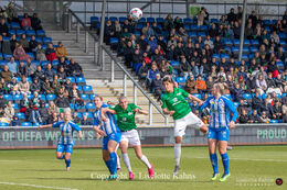Maria Ficzay (#3 Fortuna Hjorring) with a header in the Cupfinal, Fortuna Hjorring vs. FC Thy at "Bredbaand Nord Arena" in Hjorring, Denmark