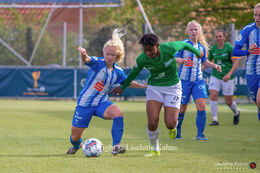 Omewa J. Ogochuckwu (#17 Fortuna Hjorring) and Agnete Marcussen (#7 FC Thy) battle for the ball in the Cupfinal, Fortuna Hjorring vs. FC Thy at "Bredbaand Nord Arena" in Hjorring, Denmark
