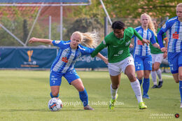 Omewa J. Ogochuckwu (#17 Fortuna Hjorring) and Agnete Marcussen (#7 FC Thy) battle for the ball in the Cupfinal, Fortuna Hjorring vs. FC Thy at "Bredbaand Nord Arena" in Hjorring, Denmark