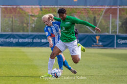 Omewa J. Ogochuckwu (#17 Fortuna Hjorring) and Agnete Marcussen (#7 FC Thy) battle for the ball in the Cupfinal, Fortuna Hjorring vs. FC Thy at "Bredbaand Nord Arena" in Hjorring, Denmark