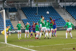 Action in front of the Fortuna Hjorring goal in the UEFA Womens Champions League, round of 16 second-leg match between Fortuna Hjorring and FC Barcelona at Hjorring stadium in Hjorring, Denmark