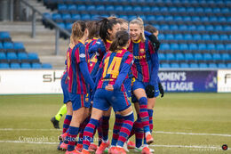 Celebration of 2-0 in the UEFA Womens Champions League, round of 16 second-leg match between Fortuna Hjorring and FC Barcelona at Hjorring stadium in Hjorring, Denmark