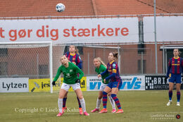 Sofie Lundgaard (#9 Fortuna Hjorring) getting ready for a header in the UEFA Womens Champions League, round of 16 second-leg match between Fortuna Hjorring and FC Barcelona at Hjorring stadium in Hjorring, Denmark