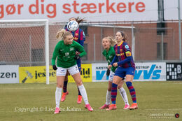 Sofie Lundgaard (#9 Fortuna Hjorring) getting ready for a header in the UEFA Womens Champions League, round of 16 second-leg match between Fortuna Hjorring and FC Barcelona at Hjorring stadium in Hjorring, Denmark