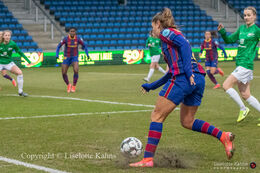 Lieke Martens (#22 FC Barcelona) preparing for a pass towards goal in the UEFA Womens Champions League, round of 16 second-leg match between Fortuna Hjorring and FC Barcelona at Hjorring stadium in Hjorring, Denmark