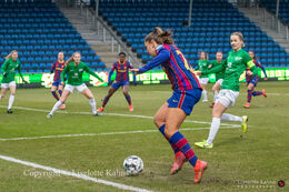 Lieke Martens (#22 FC Barcelona) preparing for a pass towards goal in the UEFA Womens Champions League, round of 16 second-leg match between Fortuna Hjorring and FC Barcelona at Hjorring stadium in Hjorring, Denmark