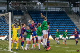 Action in front of the Fortuna Hjorring goal in the UEFA Womens Champions League, round of 16 second-leg match between Fortuna Hjorring and FC Barcelona at Hjorring stadium in Hjorring, Denmark