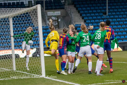 Seems like Ana Crnogorcevic's (#18 FC Barcelona) header is sent for goal in the UEFA Womens Champions League, round of 16 second-leg match between Fortuna Hjorring and FC Barcelona at Hjorring stadium in Hjorring, Denmark