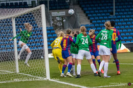 Emily Jayne Garnier (#5 Fortuna Hjorring) with an excellent last second save for Fortuna Hjorring in the UEFA Womens Champions League, round of 16 second-leg match between Fortuna Hjorring and FC Barcelona at Hjorring stadium in Hjorring, Denmark
