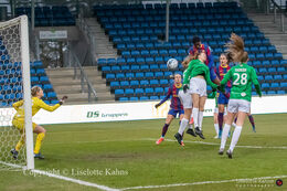Asisat Oshola (#20 FC Barcelona) heads for goal in the UEFA Womens Champions League, round of 16 second-leg match between Fortuna Hjorring and FC Barcelona at Hjorring stadium in Hjorring, Denmark