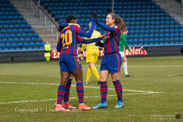 Celebration of Asisat Oshola's (#20 FC Barcelona) goal to 4-0 in the UEFA Womens Champions League, round of 16 second-leg match between Fortuna Hjorring and FC Barcelona at Hjorring stadium in Hjorring, Denmark