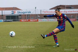 Melanie Serrano (#5 FC Barcelona) with a shot in the UEFA Womens Champions League, round of 16 second-leg match between Fortuna Hjorring and FC Barcelona at Hjorring stadium in Hjorring, Denmark