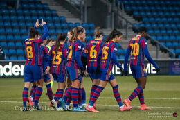 Celebration of 5-0 in the UEFA Womens Champions League, round of 16 second-leg match between Fortuna Hjorring and FC Barcelona at Hjorring stadium in Hjorring, Denmark