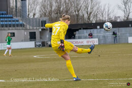 Goalkick from Line Johansen (#27 Fortuna Hjorring) in the UEFA Womens Champions League, round of 16 second-leg match between Fortuna Hjorring and FC Barcelona at Hjorring stadium in Hjorring, Denmark