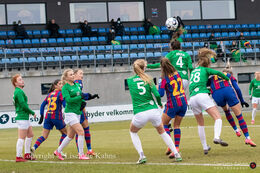 Action in front of the Fortuna Hjorring goal in the UEFA Womens Champions League, round of 16 second-leg match between Fortuna Hjorring and FC Barcelona at Hjorring stadium in Hjorring, Denmark