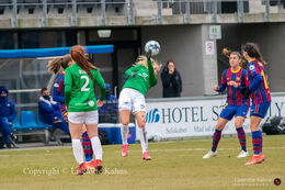 Olivia Moller Holdt (#13 Fortuna Hjorring) with a header in the UEFA Womens Champions League, round of 16 second-leg match between Fortuna Hjorring and FC Barcelona at Hjorring stadium in Hjorring, Denmark