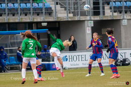 Olivia Moller Holdt (#13 Fortuna Hjorring) with a header in the UEFA Womens Champions League, round of 16 second-leg match between Fortuna Hjorring and FC Barcelona at Hjorring stadium in Hjorring, Denmark