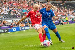 Pernille Harder (#10 Denmark) with a shot in the Women's Euro 2022 match Denmark vs Finland at Stadium MK, Milton Keynes, England