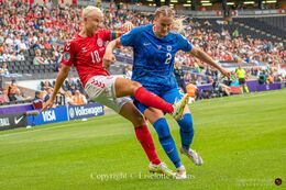 Pernille Harder (#10 Denmark) with a shot in the Women's Euro 2022 match Denmark vs Finland at Stadium MK, Milton Keynes, England