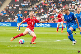 Sara Thrige (#2 Denmark) preparing for a shot in the Women's Euro 2022 match Denmark vs Finland at Stadium MK, Milton Keynes, England