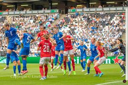 Nadia Nadim (#9 Denmark) ready for a header in the Women's Euro 2022 match Denmark vs Finland at Stadium MK, Milton Keynes, England
