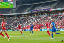 Katrine Veje (#11 Denmark) with a shot in the Women's Euro 2022 match Denmark vs Finland at Stadium MK, Milton Keynes, England