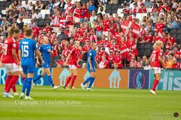 Numerous Danish fans in the stands in the Women's Euro 2022 match Denmark vs Finland at Stadium MK, Milton Keynes, England
