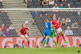 Action in front of Denmark's goal in the Women's Euro 2022 match Denmark vs Finland at Stadium MK, Milton Keynes, England