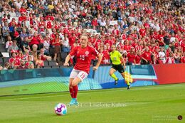 Janni Thomsen (#19 Denmark) in the Women's Euro 2022 match Denmark vs Finland at Stadium MK, Milton Keynes, England