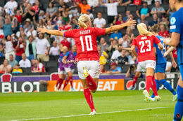 Pernille Harder (#10 Denmark) celebrating her goal in the Women's Euro 2022 match Denmark vs Finland at Stadium MK, Milton Keynes, England