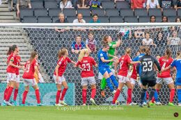 Lene Christensen (#1 Denmark) with a save in the Women's Euro 2022 match Denmark vs Finland at Stadium MK, Milton Keynes, England