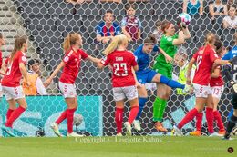 Lene Christensen (#1 Denmark) with a save in the Women's Euro 2022 match Denmark vs Finland at Stadium MK, Milton Keynes, England